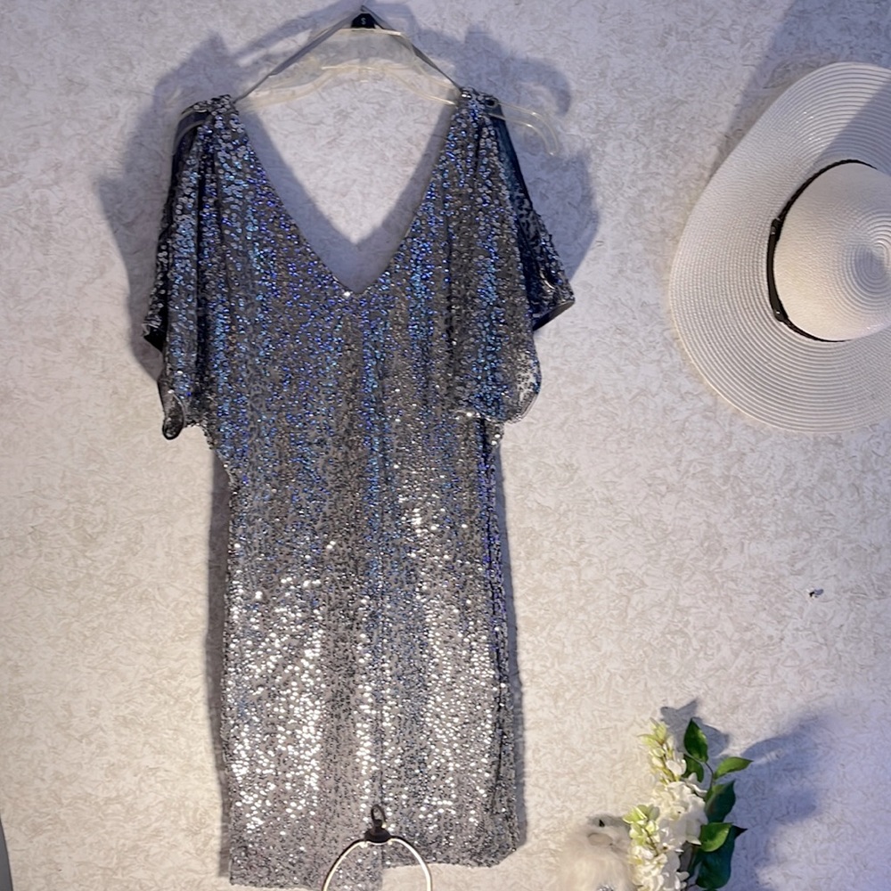 Arden B Silver sequin Dress with sleeve cut outs.